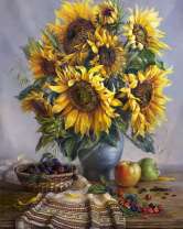 Яблоки, ежевика и букет подсолнухов