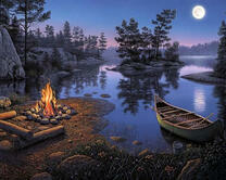 Костер и лодка на берегу реки