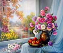 Кувшин с хризантемами и яблоки на столе