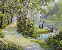 Летний пейзаж среди берез у реки