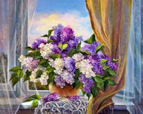 Букет разноцветной сирени на окне