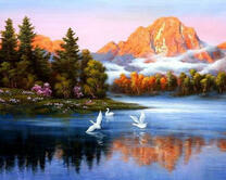 Взлет лебедей над озером