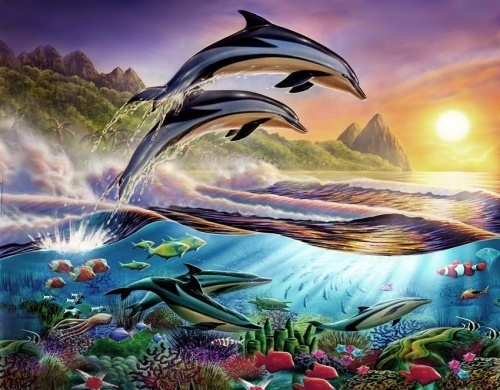 Алмазная мозаика 40x50 Стая дельфинов и яркие обитатели рифа
