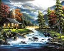 Пейзаж с домом у реки среди гор