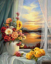 Букет цветов и айва на подоконнике