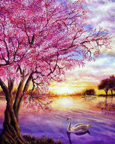 Лебедь на озере под цветущим деревом