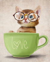 Котенок с очками в зеленой чашке