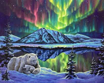 Белые медведи у озера любуются северным сиянием