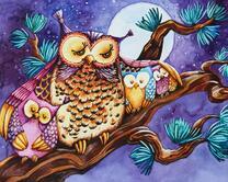 Сова с птенцами под полной луной