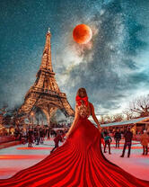 Девушка в Париже под светом красной луны