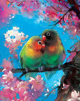 Неразлучники на цветущей ветке