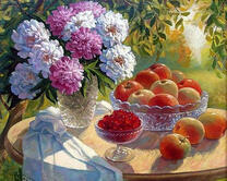 Букет садовых пионов и сочные яблоки