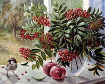 Букет с рябины, яблоки и птенец