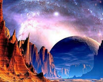 Неимоверный пейзаж с горами и планетой