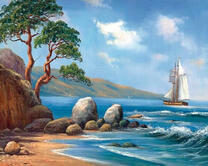 Яхта у скалистых берегов