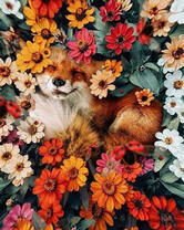 Лиса среди ярких цветов