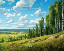 Прекрасный летний пейзаж у березовой рощи