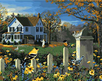 Домик в парке и синички на заборе