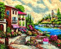 Домик в цветах на берегу