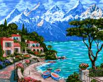 Городок на побережье у снежных гор