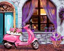 Розовый мопед под большим окном