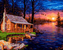 Домик над рекой на закате