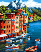 Домики на берегу и лодочки