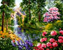 Цветущая весна и водопад