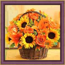 Корзина с лилиями, подсолнухами, хризантемами и розами