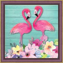 Два розовых фламинго среди цветов