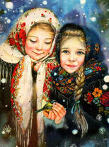 Две девочки в зимних русских нарядах