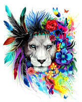 Белый лев в цветах и с перьями