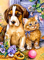 Щенок и котёнок в весеннем саду