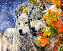 Пара волков под снегом и дерево с желтыми листьями