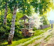 Деревенский колодец под берёзами