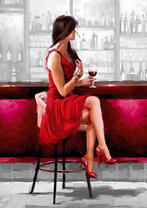 Девушка в красном платье пьет вино