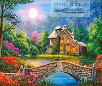 Закат у горного озера с домиком