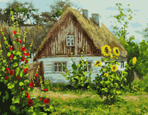 Деревенский домик и мальвы