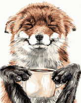 Довольная лиса с чашечкой кофе