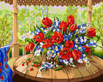 Большой букет тюльпанов и ромашек