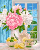 Чай с лимоном и пионы