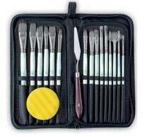 Коробка 50 шт.: Набор кистей для рисования в чехле, премиум набор (15 нейлоновых кистей, 1 мастихин) белые