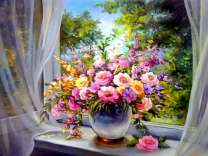 Ваза с букетом роз на окне