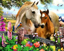 Лошадь с жеребёнком, цветы и птицы