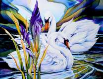 Белые лебеди на озере с цветами