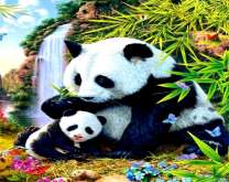 Панда с малышом у водопада