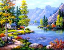 Домик в летнем лесу у реки