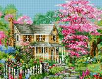 Весенний сад у деревянного домика