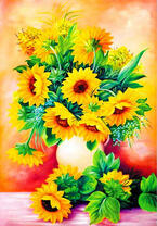 Белая ваза с молодыми подсолнухами