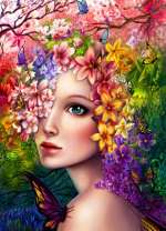 Бабочка на девушке с волосами из цветов